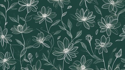 Obraz premium Stylish monochrome floral pattern with delicate line art on dark green background