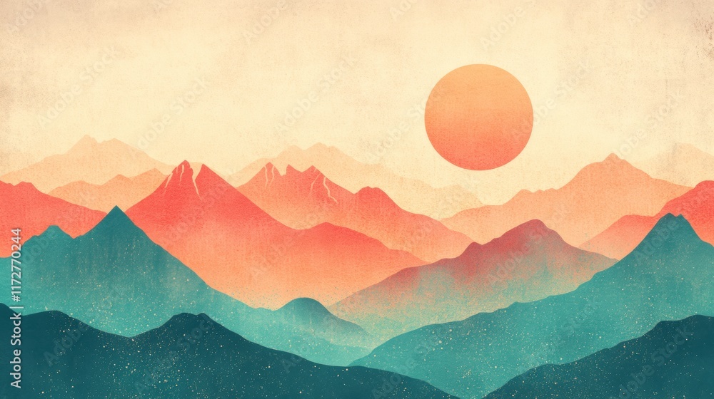 Poster Sunset over retro mountain landscape with pastel colors and stylized textures creating a serene atmosphere. Generative AI