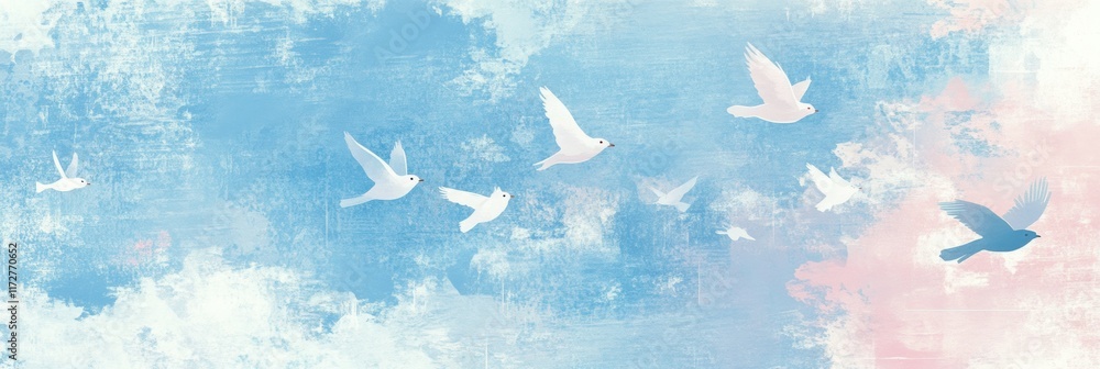 Aufkleber free birds soaring through a pastel sky in a retro risograph style artwork. generative ai