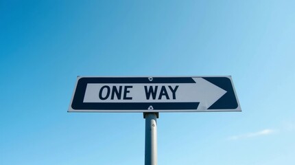 One-Way Road Sign Pointing Right, Symbolizing Decisions, Guidance, and Clear Direction Against a Blue Sky.