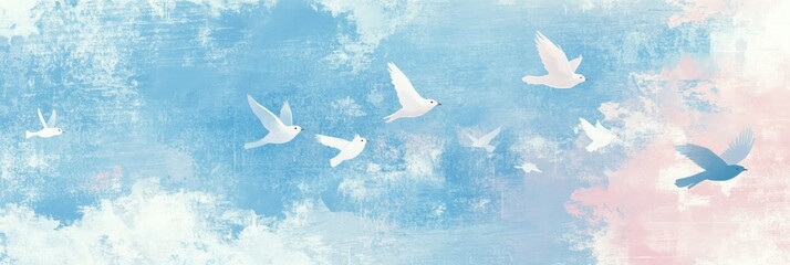Free birds soaring through a pastel sky in a retro risograph style artwork. Generative AI