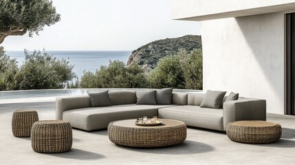 Modern outdoor sectional sofa with woven coffee tables on patio.
