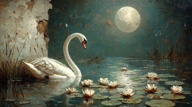 Serene swan swimming amidst water lilies under moonlight tranquil lake digital art night environment