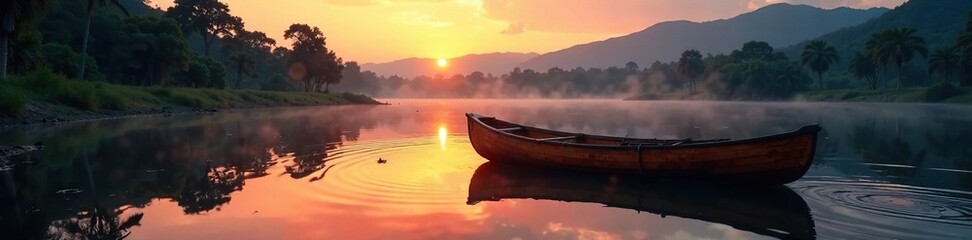 Fototapeta premium Wooden canoes reflected in calm Maroni River at dusk, riverbank, light, serene