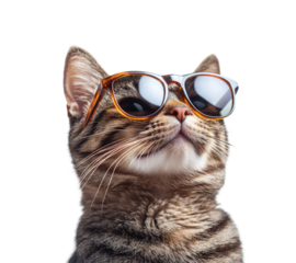 Tabby cat wearing sunglasses, trendy pet fashion portrait with cool attitude, stylish accessory, domestic feline photography isolated on transparent background