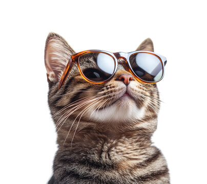 Tabby cat wearing sunglasses, trendy pet fashion portrait with cool attitude, stylish accessory, domestic feline photography isolated on transparent background