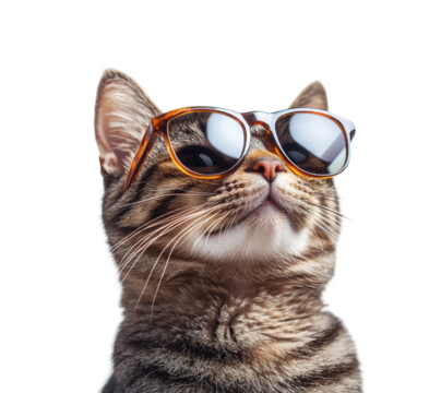 Tabby cat wearing sunglasses, trendy pet fashion portrait with cool attitude, stylish accessory, domestic feline photography isolated on transparent background