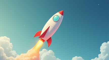 Stylized Rocket Launching into a Clear Sky with Clouds and Fiery Exhaust.