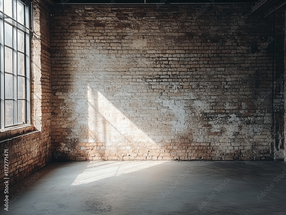 Poster stock photo features a rustic background with a red brick wall texture and a wooden floor, creating 