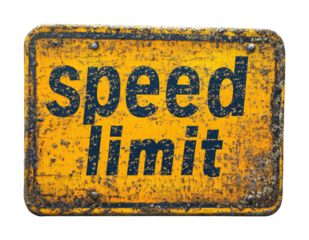 Weathered speed limit sign indicating restrictions for vehicle travel in a rural area. Isolated on transparent background, png.
