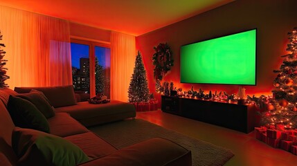 Living room with a large wall-mounted TV, green screen display, and subtle red holiday accents creating a festive vibe
