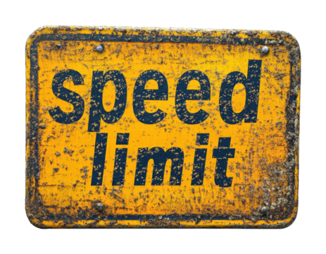 Weathered speed limit sign indicating restrictions for vehicle travel in a rural area. Isolated on transparent background, png.