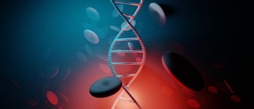 blood dna cells plasma double helix structure in body vein, healthcare and medical molecule, 3d illustration rendering