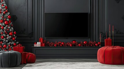 Living space featuring a wall-mounted TV with chroma key display and red festive decorations for seasonal charm