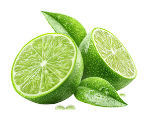 Sliced limes with fresh green leaves, juicy citrus fruit, tropical flavor, vitamin C source, and refreshing food ingredient isolated on transparent background