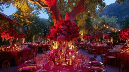 Luxurious outdoor wedding reception with vibrant red accents, gold decor, and softly glowing lights for a festive feel