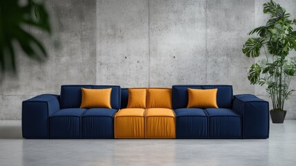 Modern sectional sofa in blue and mustard yellow against a concrete wall.
