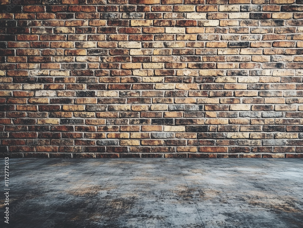 Aufkleber stock photo features a rustic background with a red brick wall texture and a wooden floor, creating 