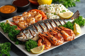 Grilled fish, shrimp, scallops, rice platter with lemon, sauce on table