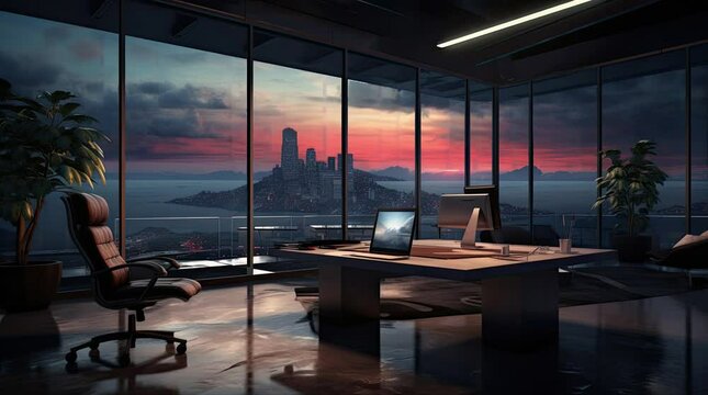 An office room with a view of city buildings. 4k animated video