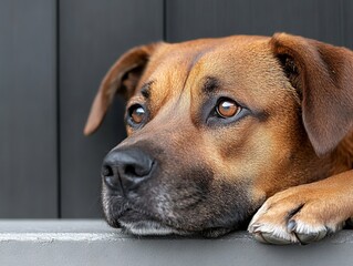 Obraz premium A brown dog laying on top of a gray bench