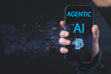 Smartphone showcasing AI icons symbolizing advanced AI level 3 operations, focusing on data management, investigation, decision-making, and automation to achieve human goals with intelligent systems