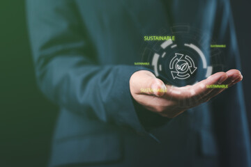 sustainable business management icons, emphasizing resource management, production efficiency, and waste reduction while highlighting the environmental impact of eco-friendly practices.