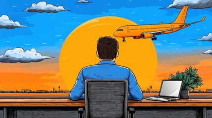 Fototapeta premium A whimsical illustration of a business traveler working in an airport lounge. High Quality