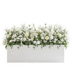 Floral Harmony: An elegant arrangement of pristine white roses and delicate greenery spills from a sleek, rectangular planter. capturing the essence of simplicity and beauty.