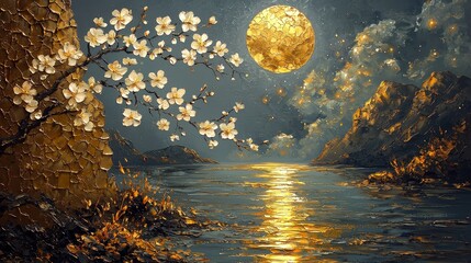Moonlit blossom reflection serene lake oil painting nighttime landscape artistic view tranquil nature