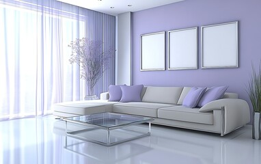 Modern living room interior design, light purple walls, large windows, comfortable sofa, glass coffee table.