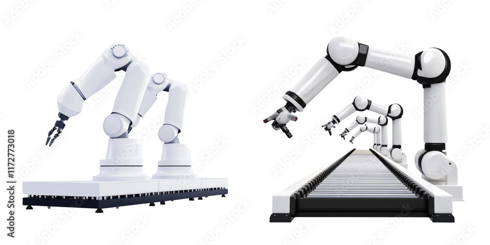 Poster futuristic robotic arms on assembly line, showcasing advanced technology and automation