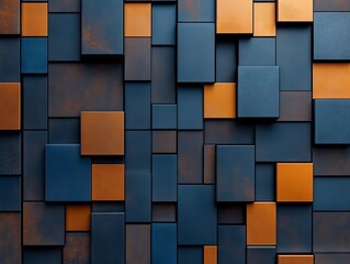 A close up of a wall made of blue and orange squares