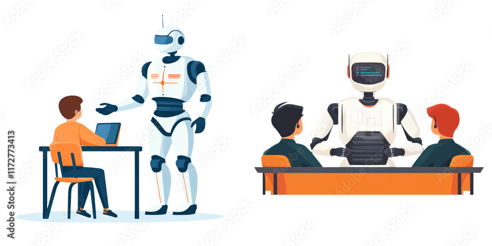 Poster robot teacher guiding students in futuristic classroom setting, engaging with learners and enhancing