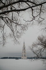 The bell tower of St. Nicholas Cathedral in Kalyazin in winter