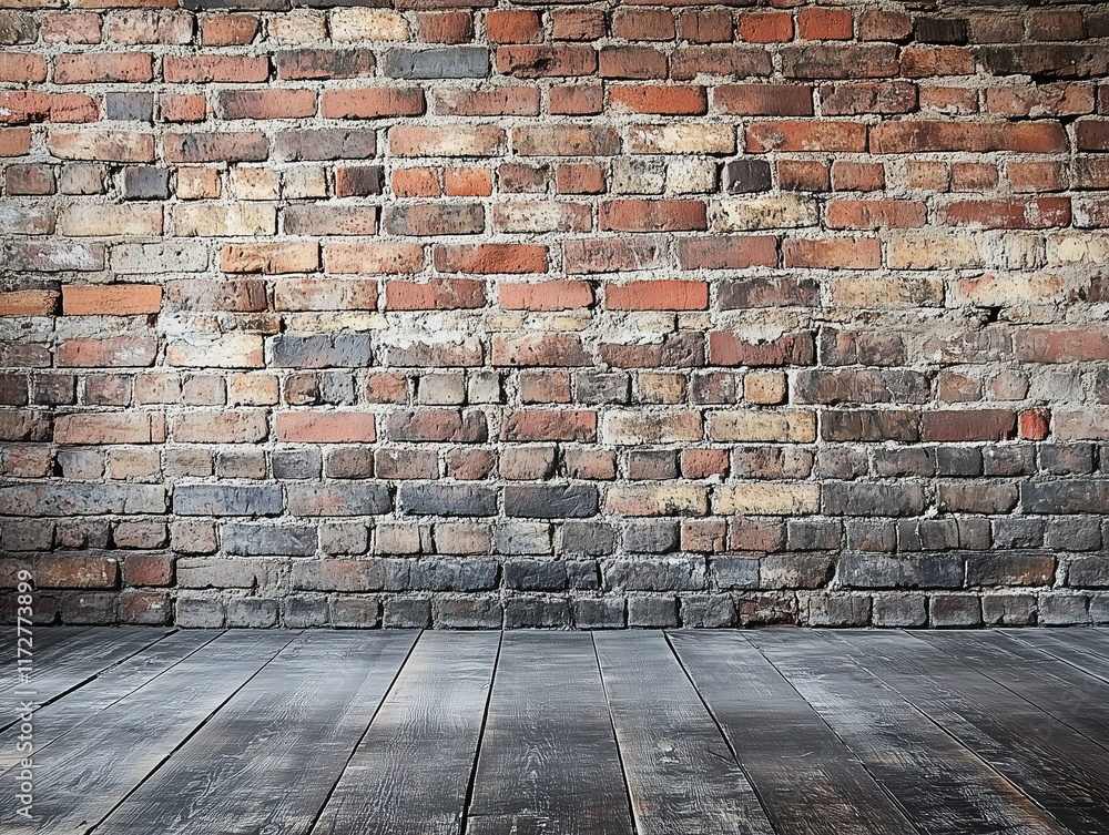 Poster stock photo features a rustic background with a red brick wall texture and a wooden floor, creating 