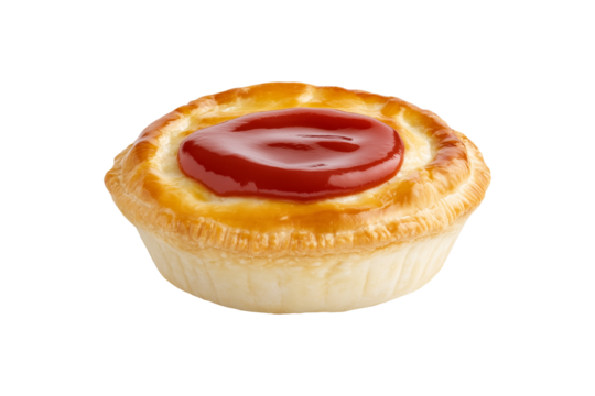 A meat pie with ketchup on top, front view, isolated cutout on transparent png background