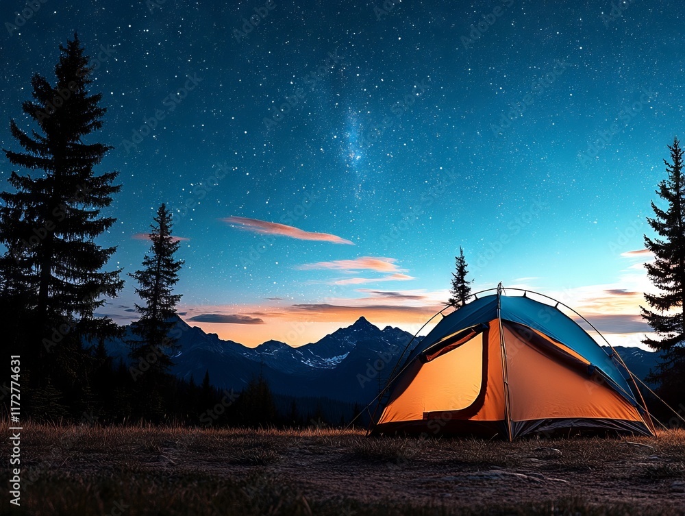 Wall mural a tent is set up in the middle of a field under a starry sky