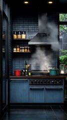 A kitchen with a stove top oven and a stove with steam coming out of it