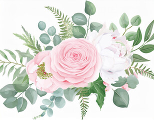 Blush pink garden roses, anemone, ranunculus, hydrangea flowers vector design bouquet. Wedding floral greenery. Mint, pink, beige, green tones. Watercolor flowers. Summer style. Elements are isolated