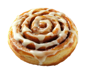 Sweet cinnamon roll pastry with drizzled icing, freshly baked golden brown dessert spiral, perfect for bakery display, breakfast, or brunch isolated on transparent background