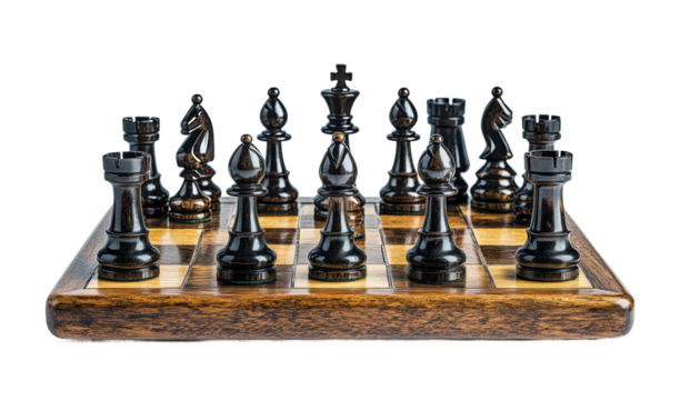 Wooden chess board with black and brown pieces in starting position, strategic game setup, classic design, and traditional gameplay theme isolated on transparent background