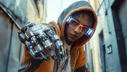 Cyberpunk teen showing futuristic robotic hand in urban setting