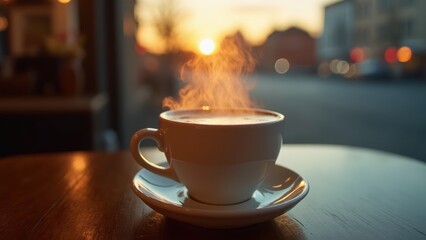 Fototapeta premium Warm Cup of Coffee on a Table With Steam Rising at Sunset in a Cozy Cafe Setting
