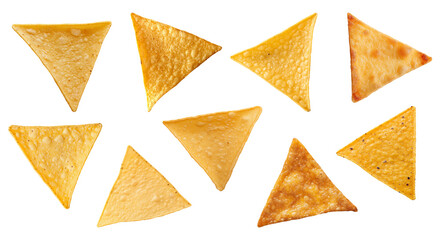Set of different individual tortilla chips, flat lay isolated against a transparent background