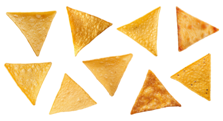 Set of different individual tortilla chips, flat lay isolated against a transparent background