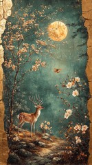 Moonlit deer in a blossom forest enchanted landscape art tranquil night scene nature's beauty