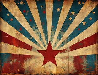 Vintage red, white, and blue starburst background with grunge texture.