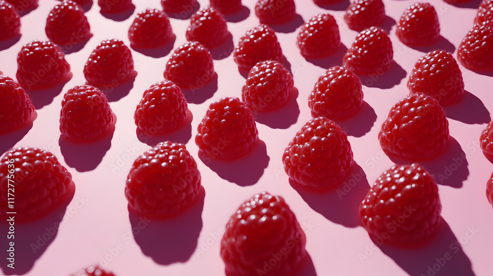 Poster fresh raspberries arranged in rows on a pink background, creating a vibrant and appetizing pattern. 