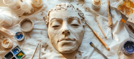 Clay mask resting on table surrounded by sculpting tools
